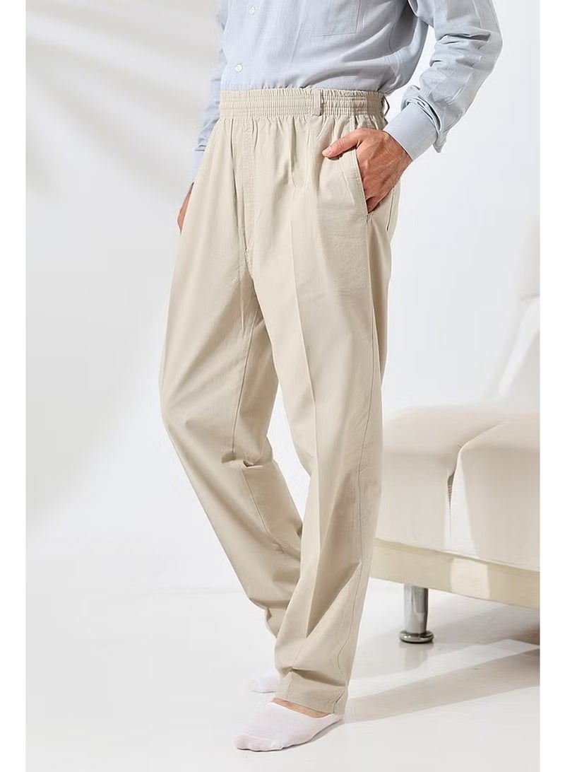 Ihvan Online Men's Cream Comfortable Cut Elastic Waist Linen Hajj and Umrah Shalwar Trousers - Image 1